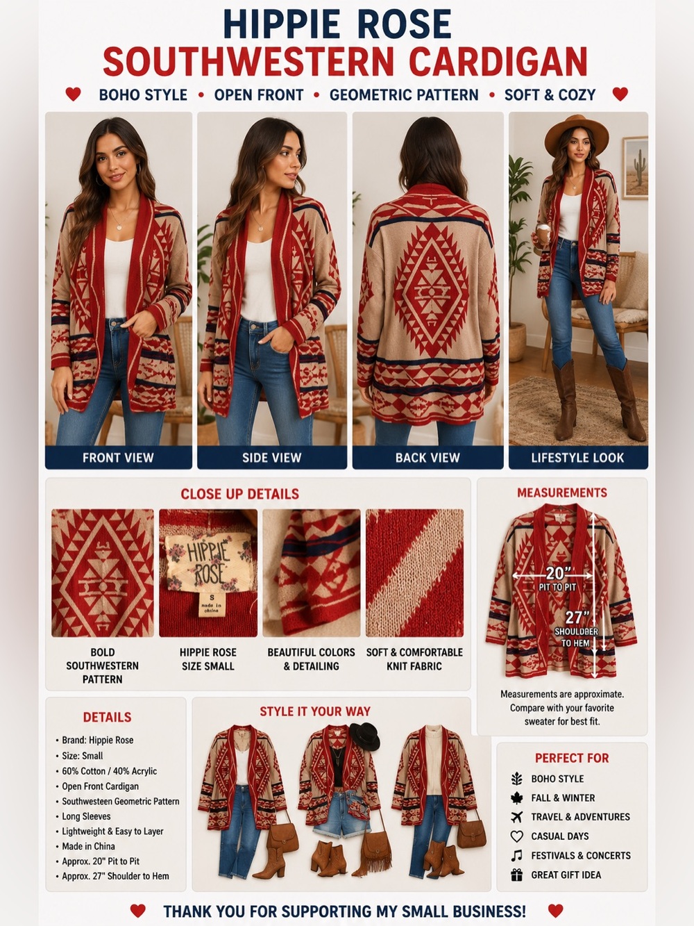 Hippie Rose Women’s S Southwestern Geometric Open Front Cardigan Boho Red